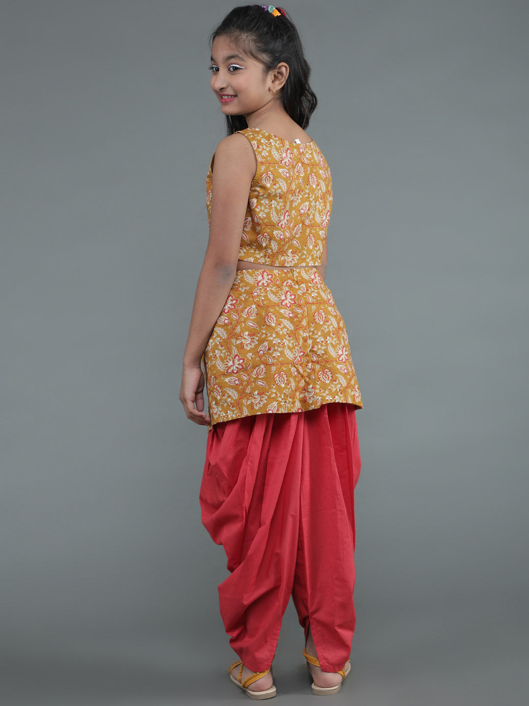 Girl's Mustard & Red Floral Print Top With Dhoti Pant - Aks Girls
