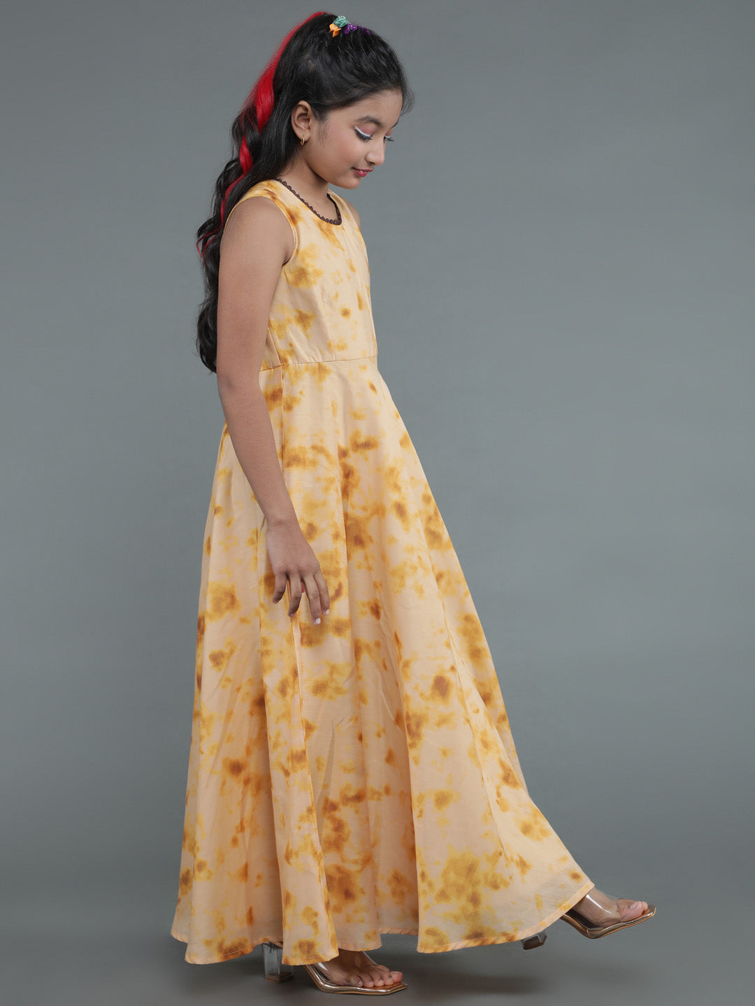 Girl's Cream Tie & Dye Print Dress With Dupatta - Aks Girls