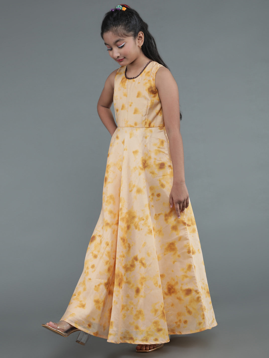 Girl's Cream Tie & Dye Print Dress With Dupatta - Aks Girls