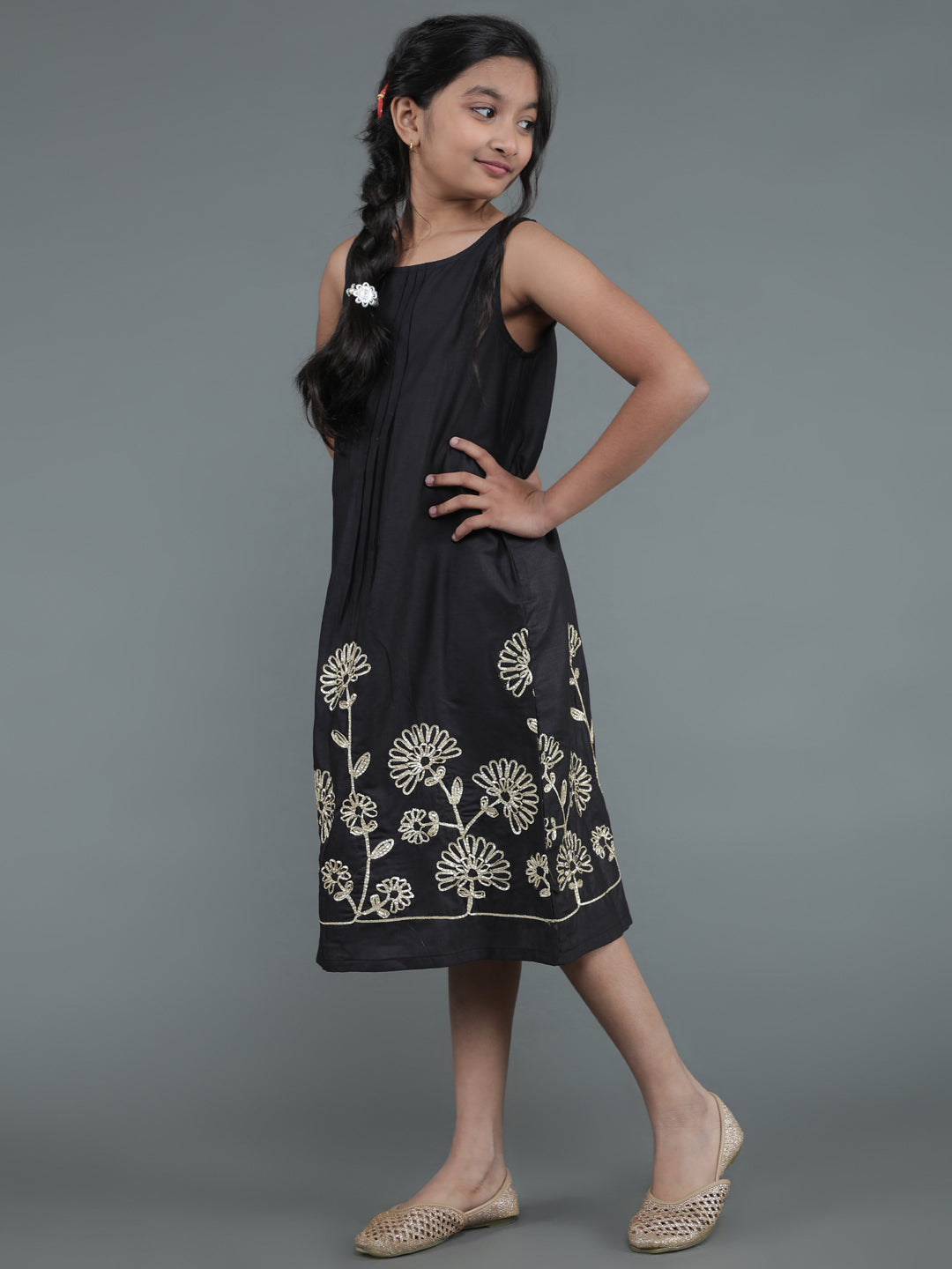 Girl's Black Embroidered A-Line Dress - Aks Girls