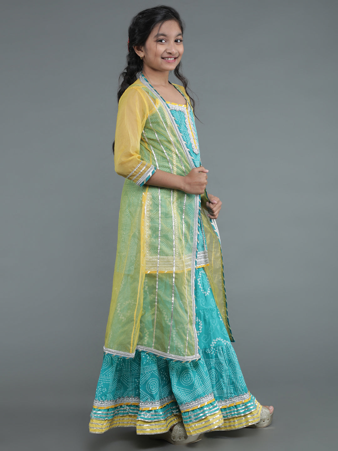 Girl's Green Bandhani Print Kurta Sharara & Jacket With Potli Bag - Aks Girls