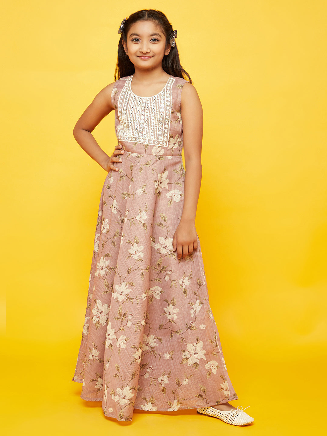 Girl's Pink Floral Print Dress With Embroidered Yoke - Aks Girls