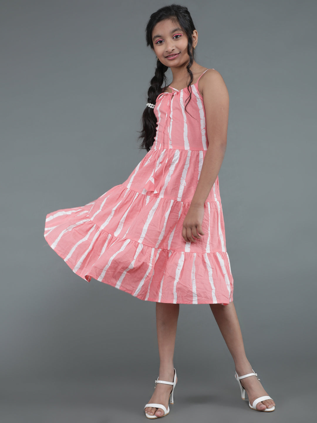 Girl's Peach Striped Tiered Dress - Aks Girls