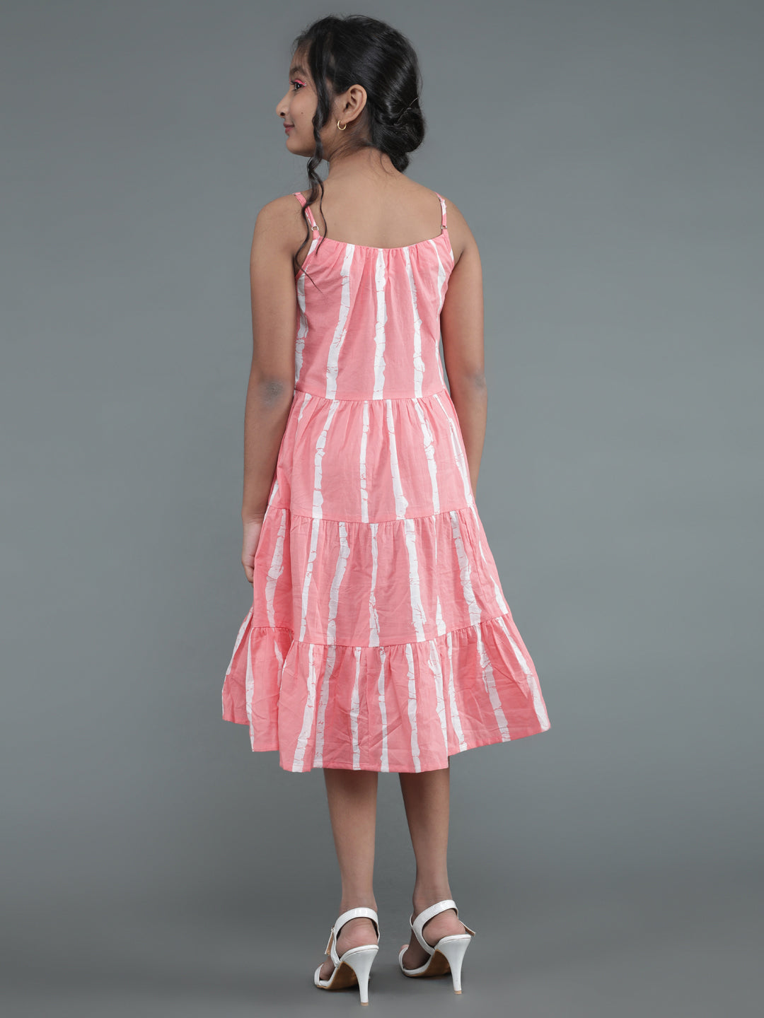 Girl's Peach Striped Tiered Dress - Aks Girls