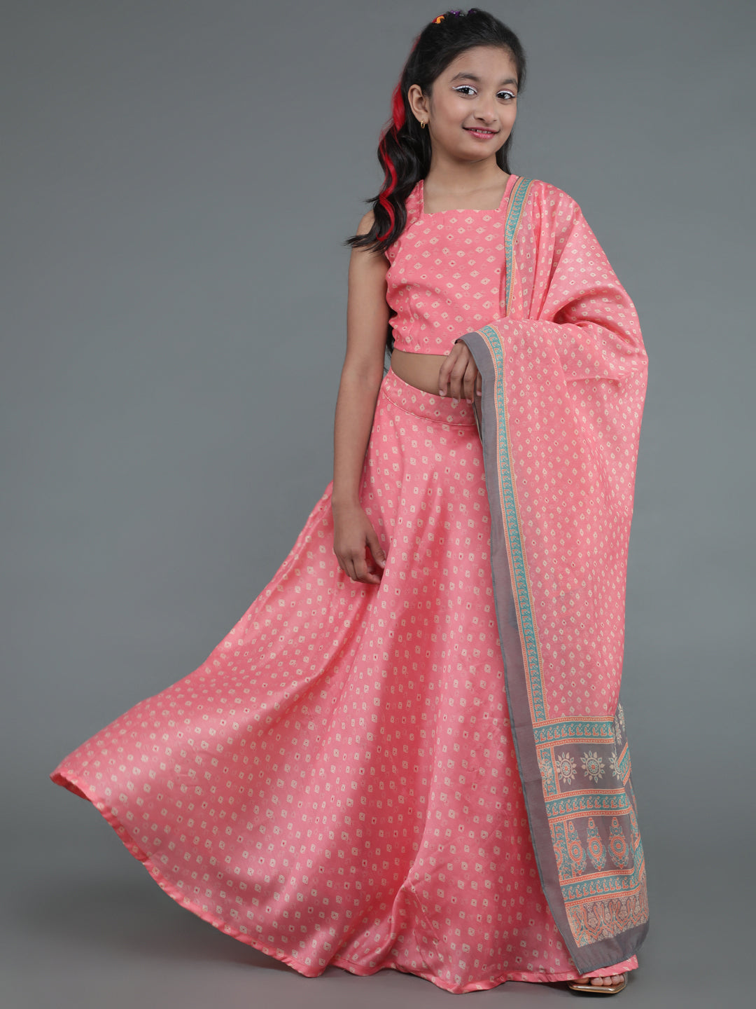 Girl's Pink Bandhani Print Lehenga Choli With Dupatta - Aks Girls