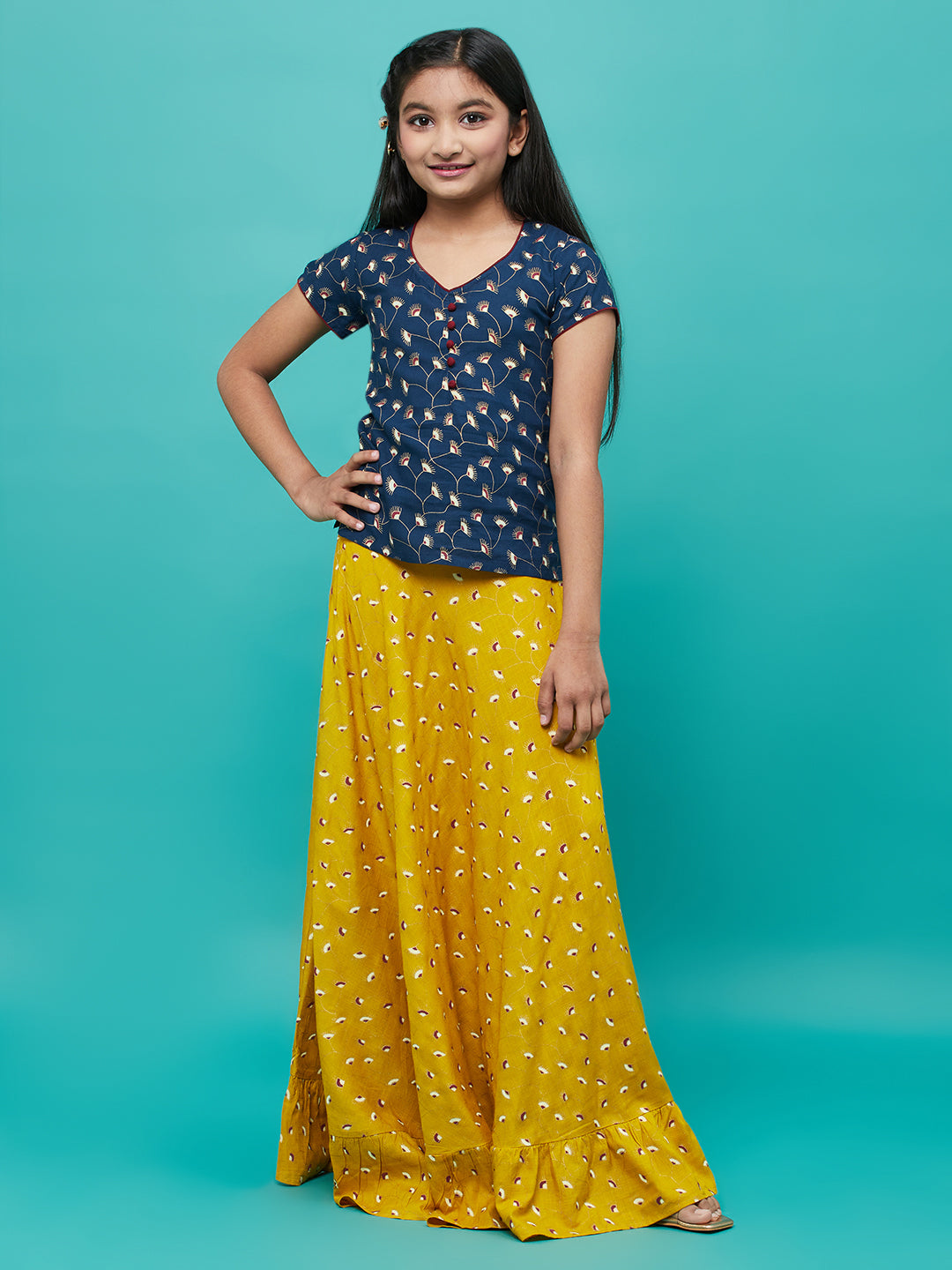 Girl's Yellow & Blue Floral Print Lehenga Choli - Aks Girls