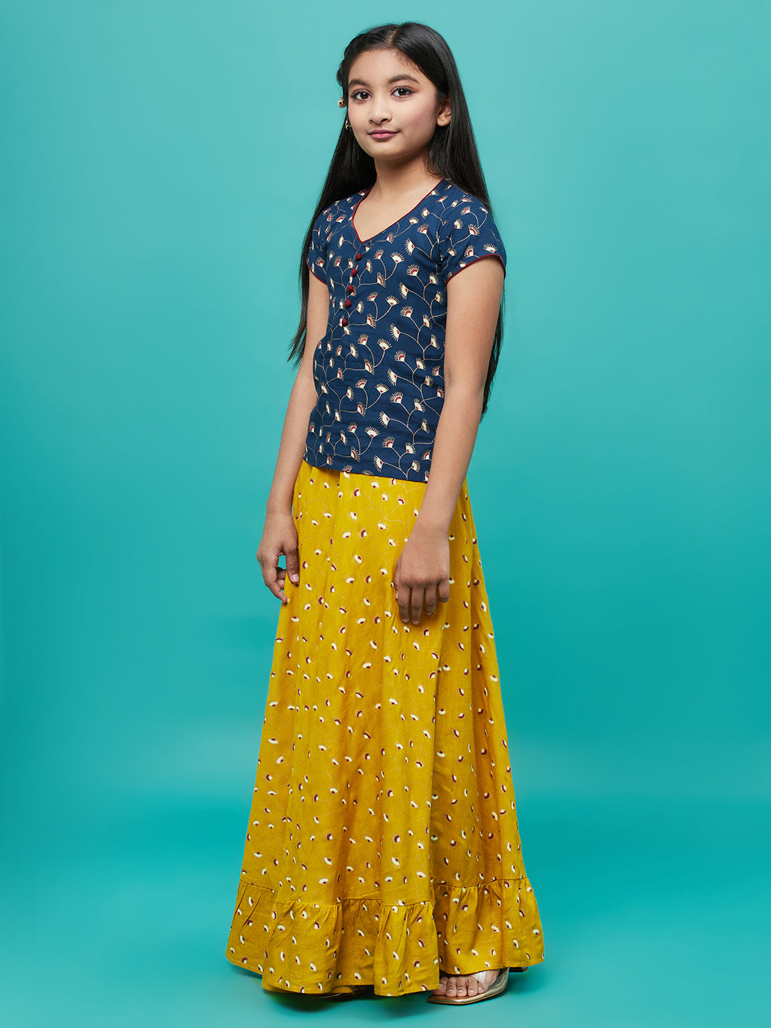 Girl's Yellow & Blue Floral Print Lehenga Choli - Aks Girls