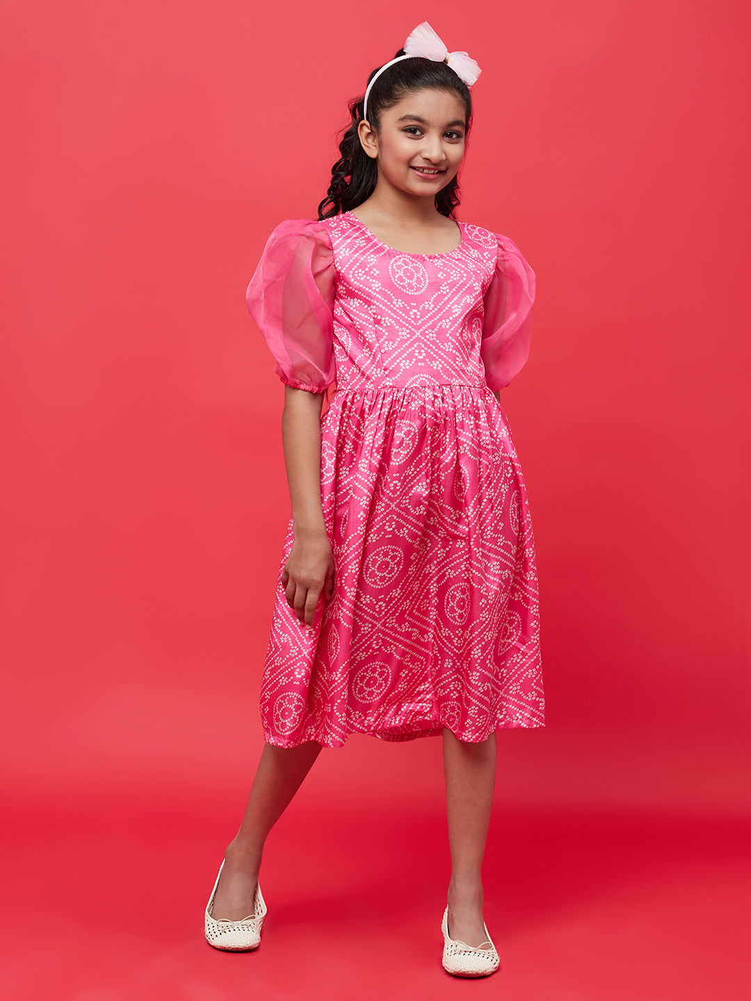 Girl's Pink Bandhani Print Empire Dress - Aks Girls
