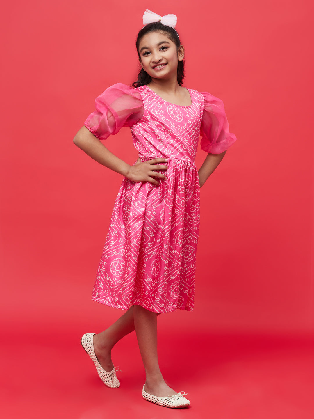Girl's Pink Bandhani Print Empire Dress - Aks Girls