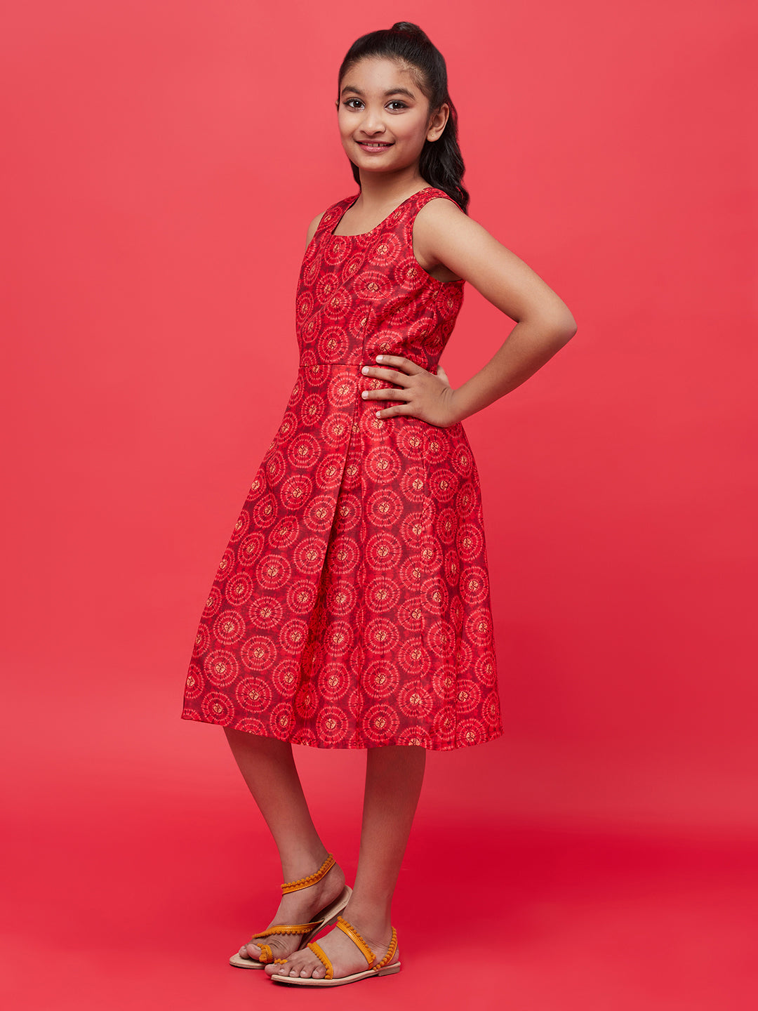 Girl's Red Digital Print Box Pleated Dress - Aks Girls