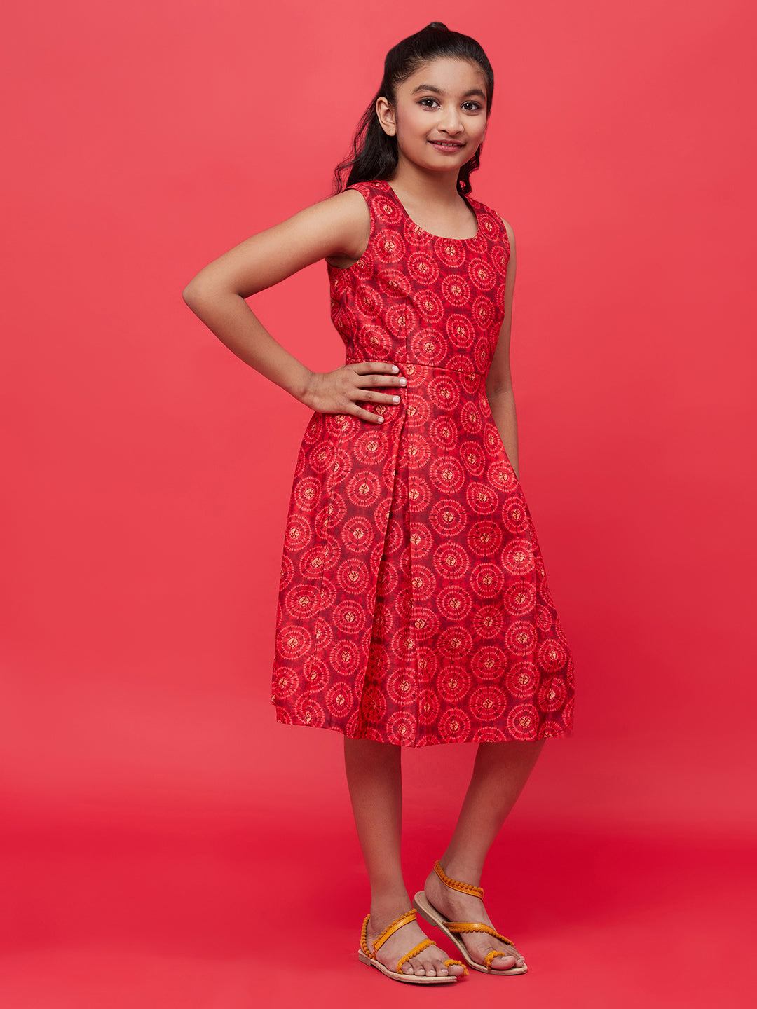 Girl's Red Digital Print Box Pleated Dress - Aks Girls