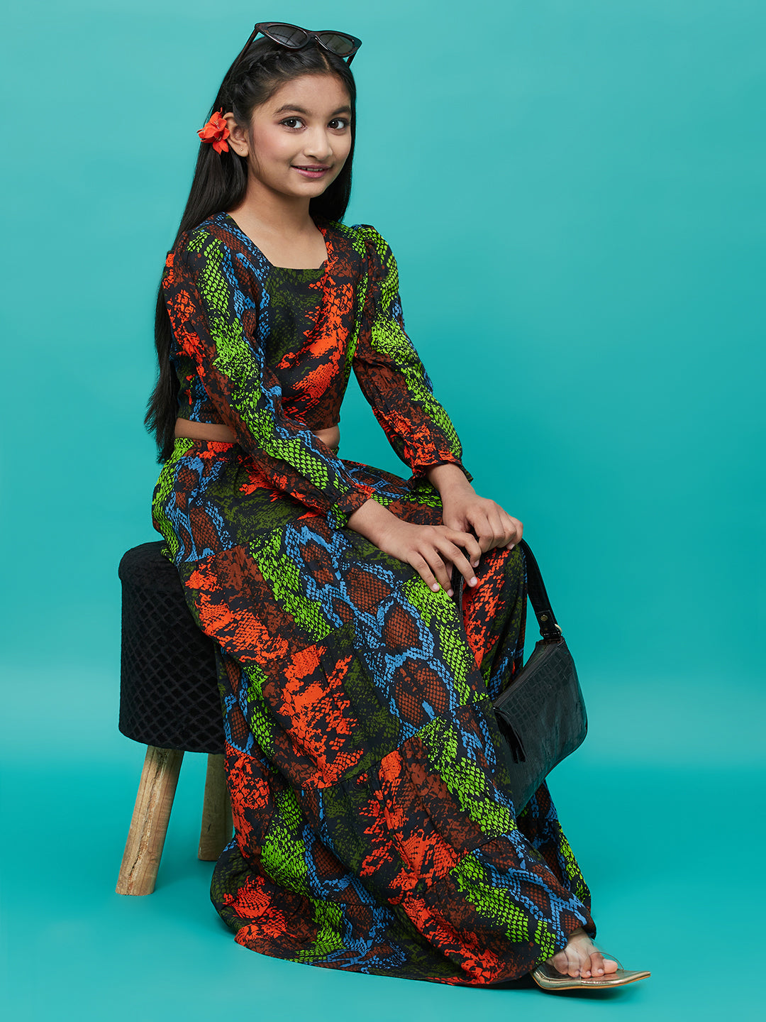 Girl's Multicolour Snake Print Lehenga Choli - Aks Girls
