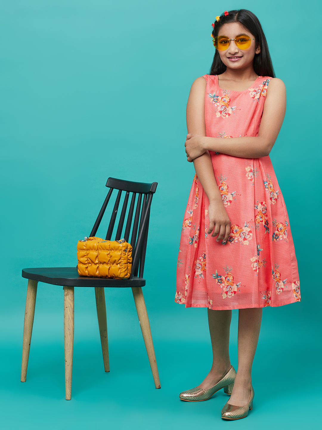 Girl's Orange Floral Printed Box Pleated Dress - Aks Girls