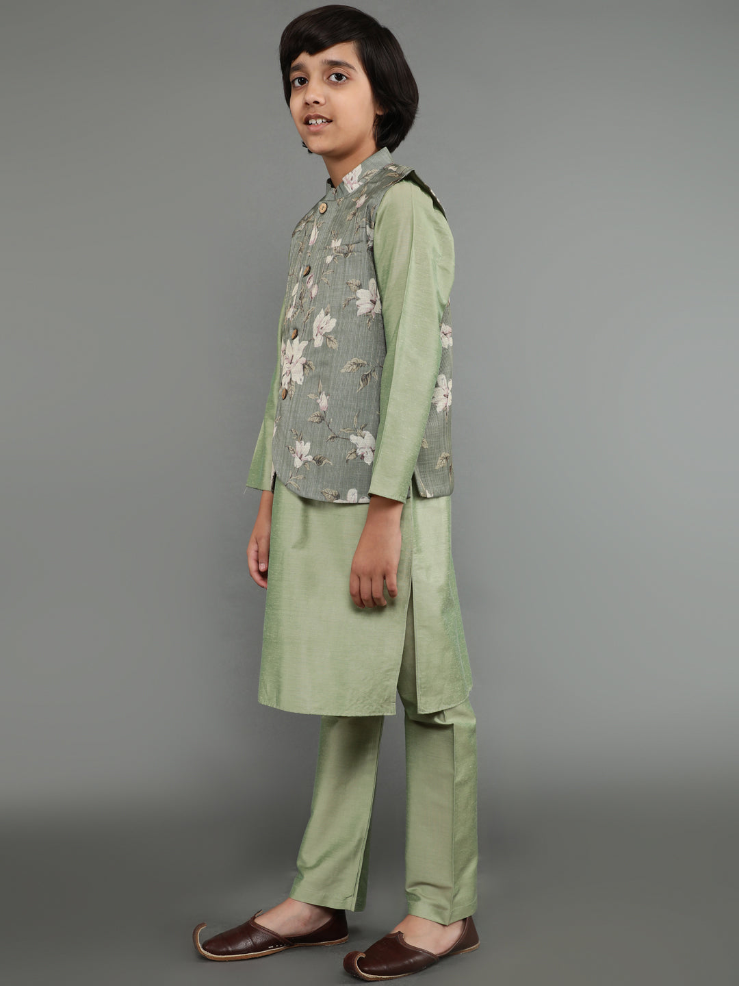 Boy's Pastel Green Kurta Pant With Nehru Jacket - Aks Boys