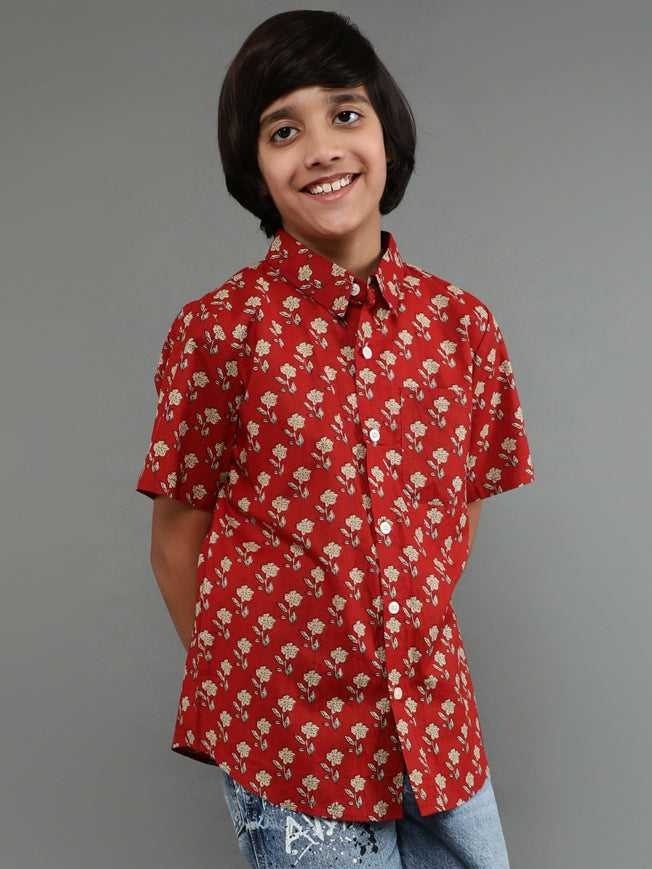 Boy's Brown Floral Print Shirt - Aks Boys