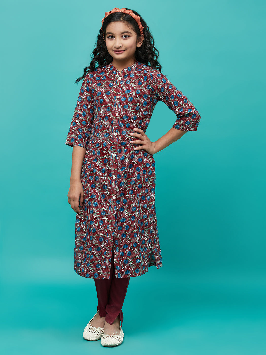 Girl's Maroon Floral Print Button Down Kurta With Pant - Aks Girls