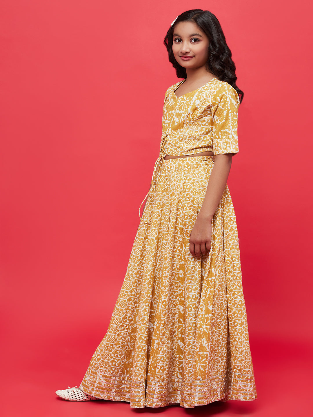 Girl's Mustard Printed Lurex Designed Lehenga Choli - Aks Girls