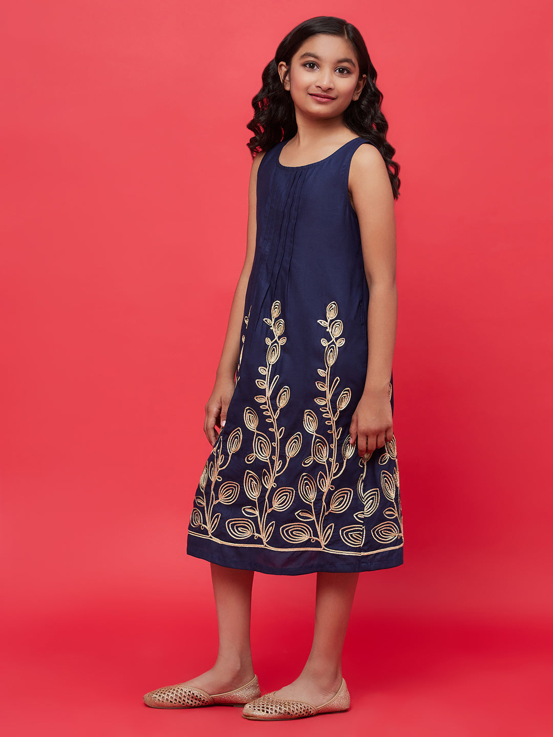 Girl's Navy Blue Embroidered A-Line Dress - Aks Girls