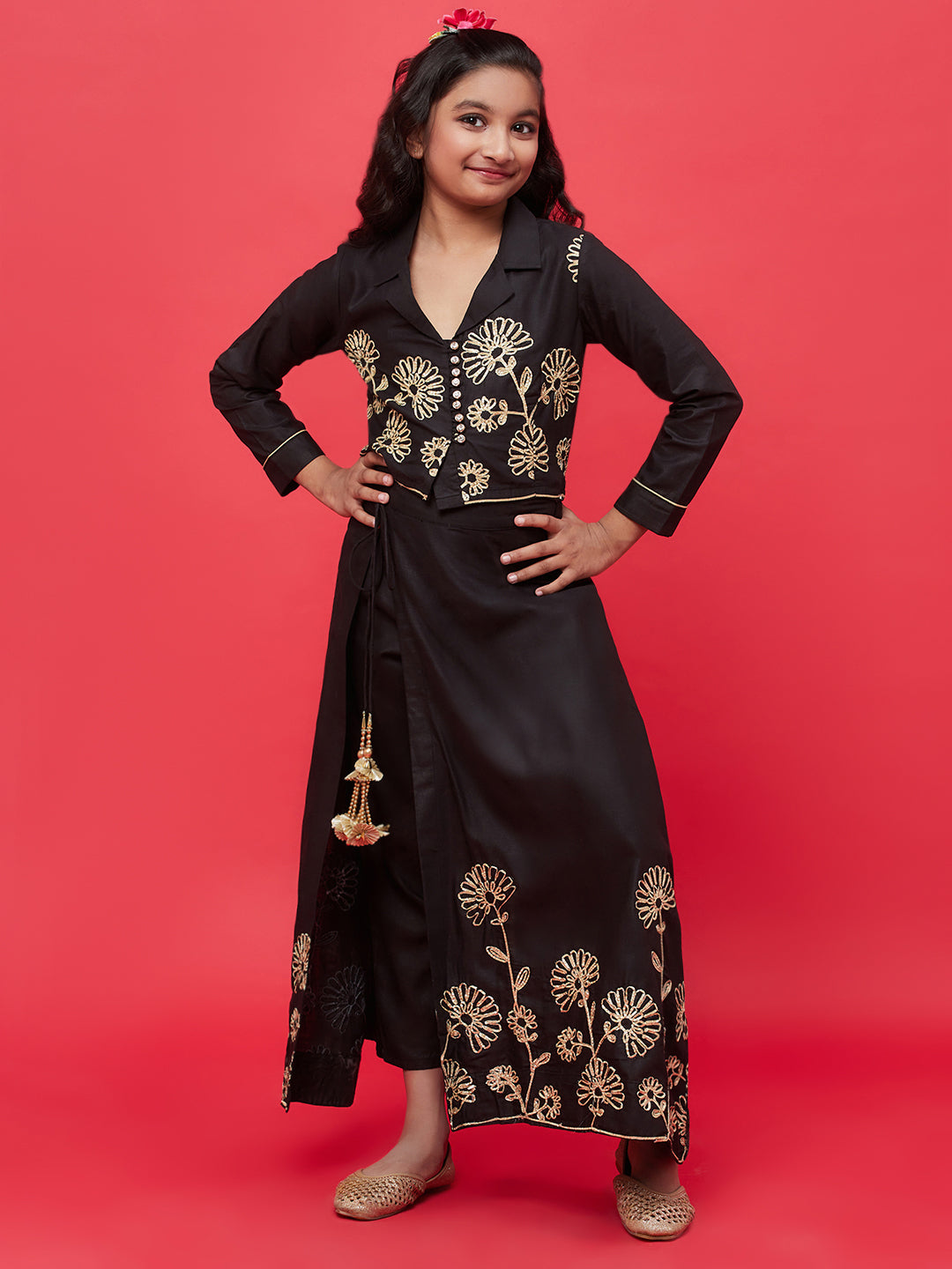 Girl's Black Embroidered Top Skirt With Attached Pant - Aks Girls