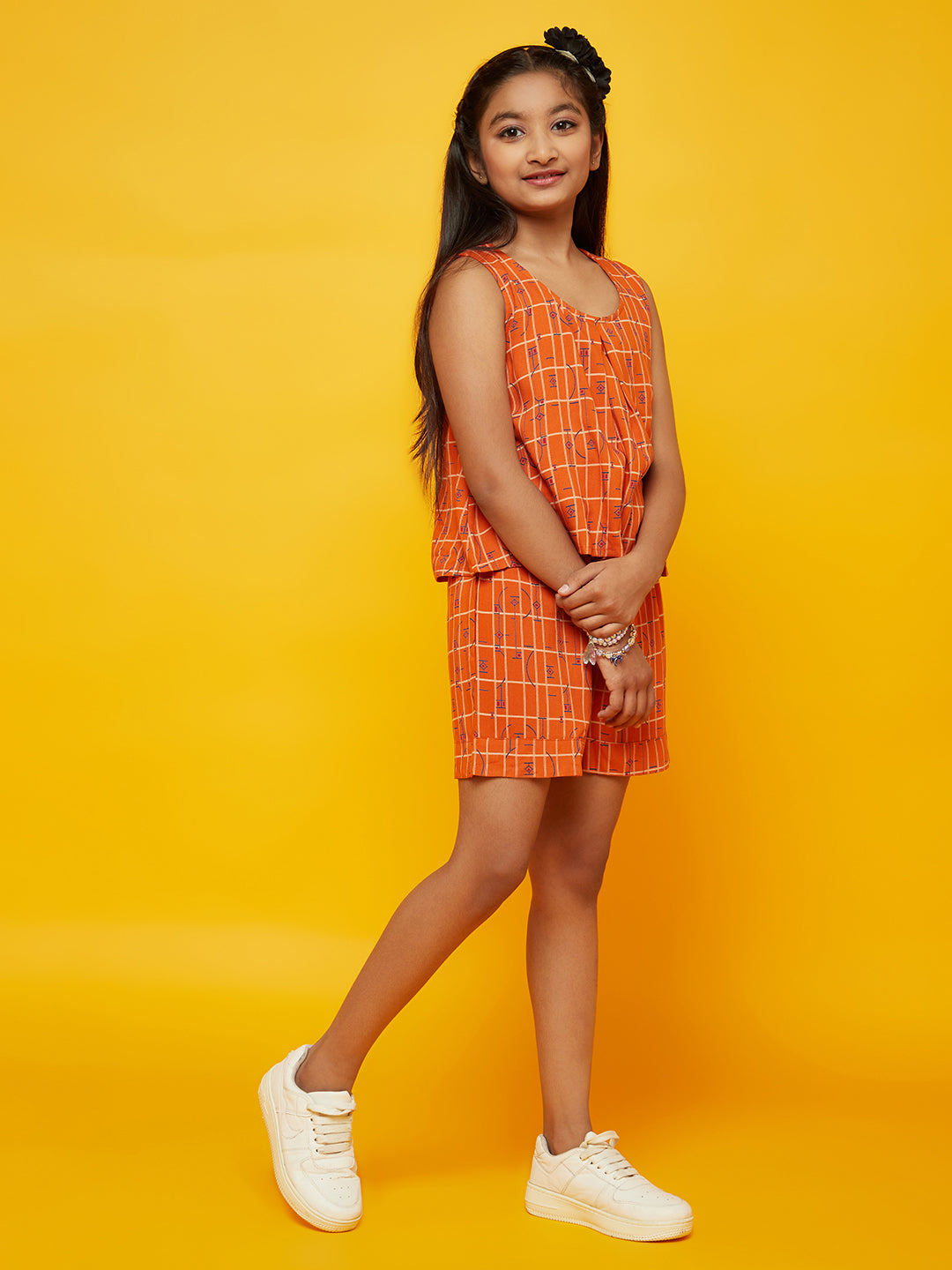 Girl's Orange Printed Playsuit - Aks Girls