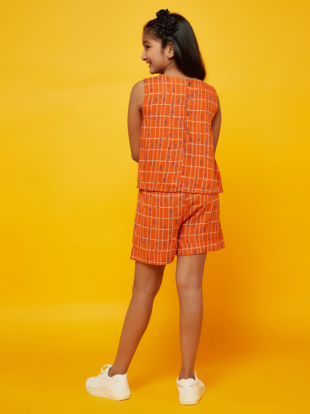 Girl's Orange Printed Playsuit - Aks Girls