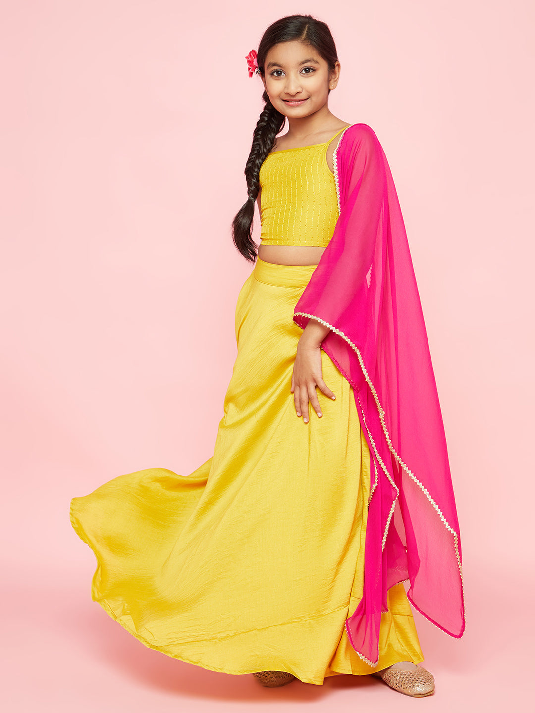 Girl's Yellow Embellished Lehenga Choli With Dupatta - Aks Girls