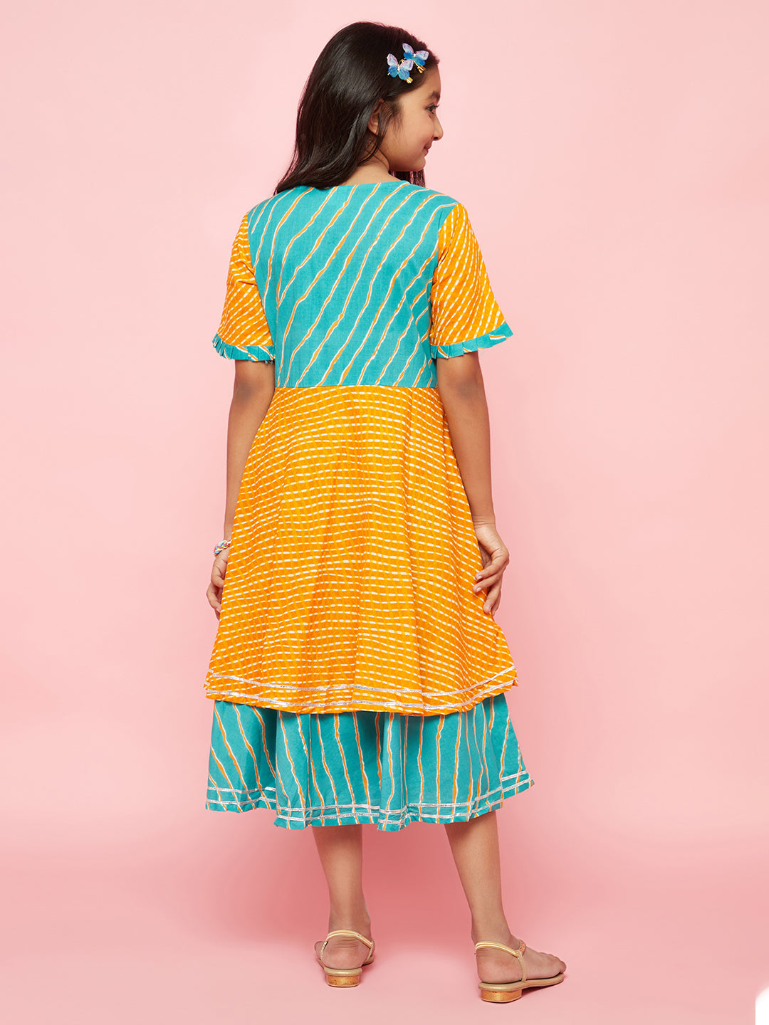Girl's Mustard Leheriya Print Layered Dress - Aks Girls