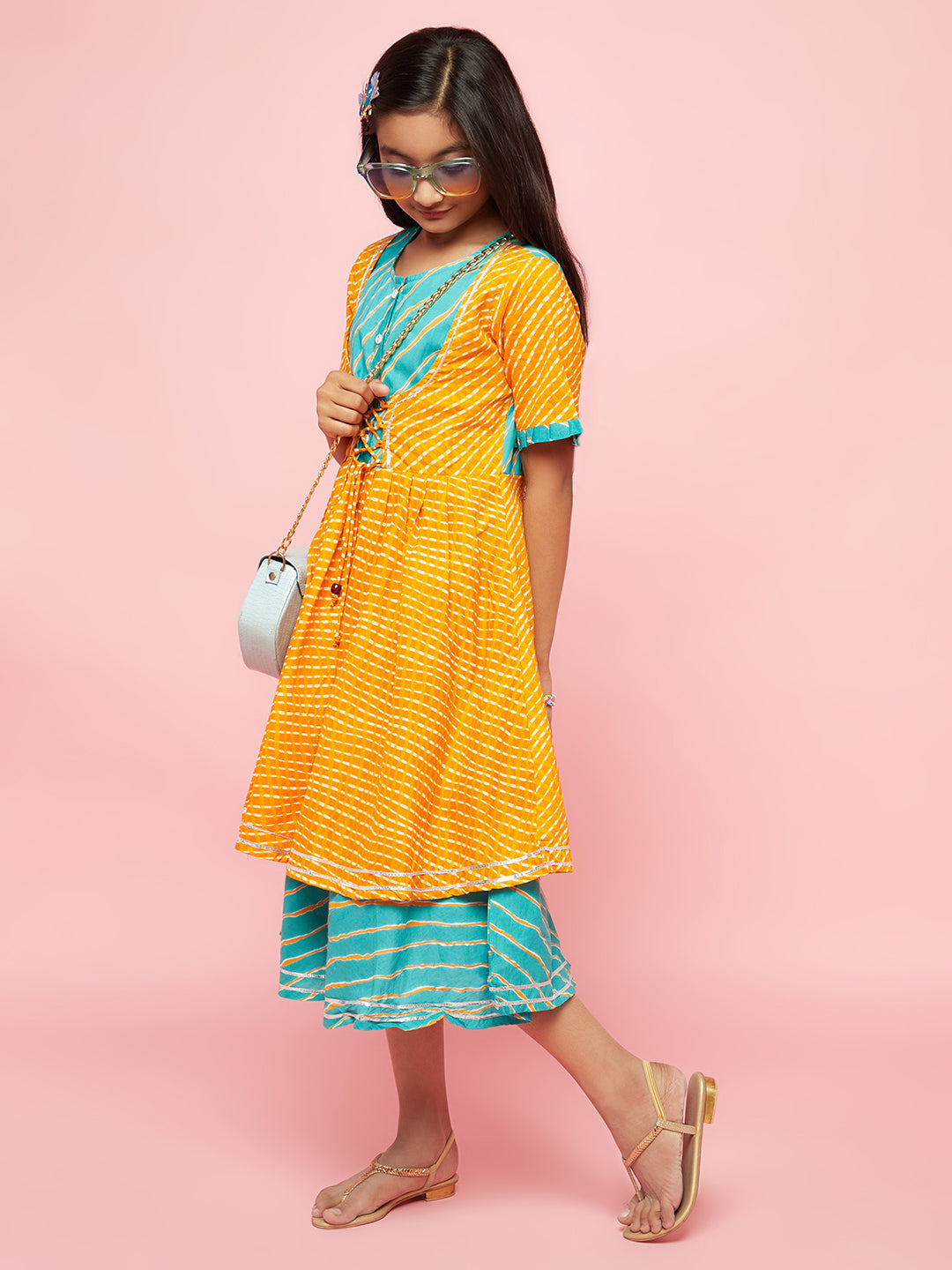 Girl's Mustard Leheriya Print Layered Dress - Aks Girls