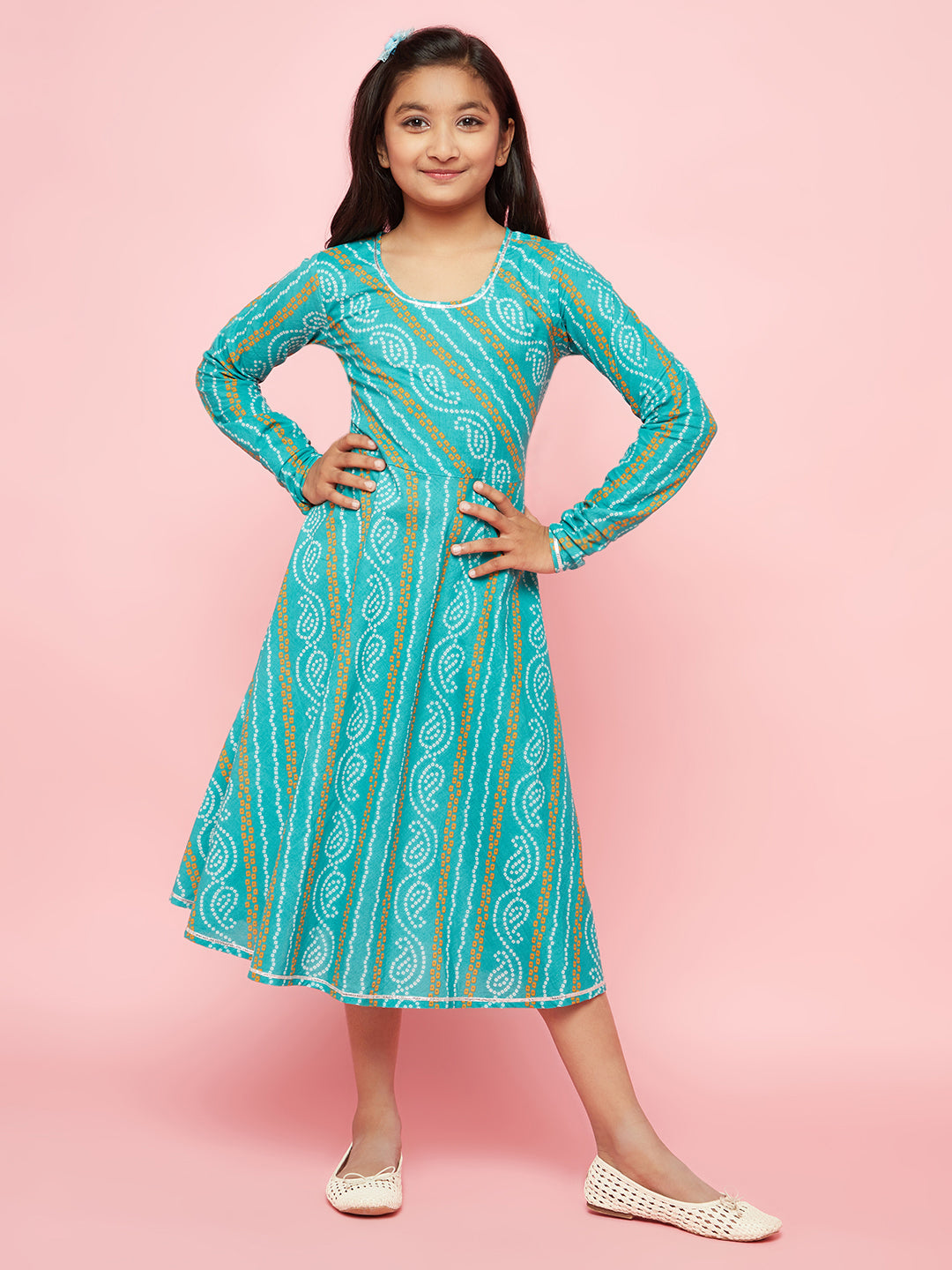 Girl's Blue Bandhani Print Flared Dress - Aks Girls