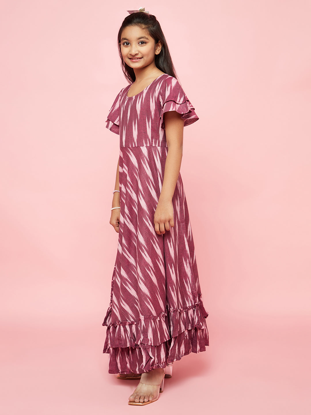 Girl's Burgundy Ikat Design Flared Dress - Aks Girls