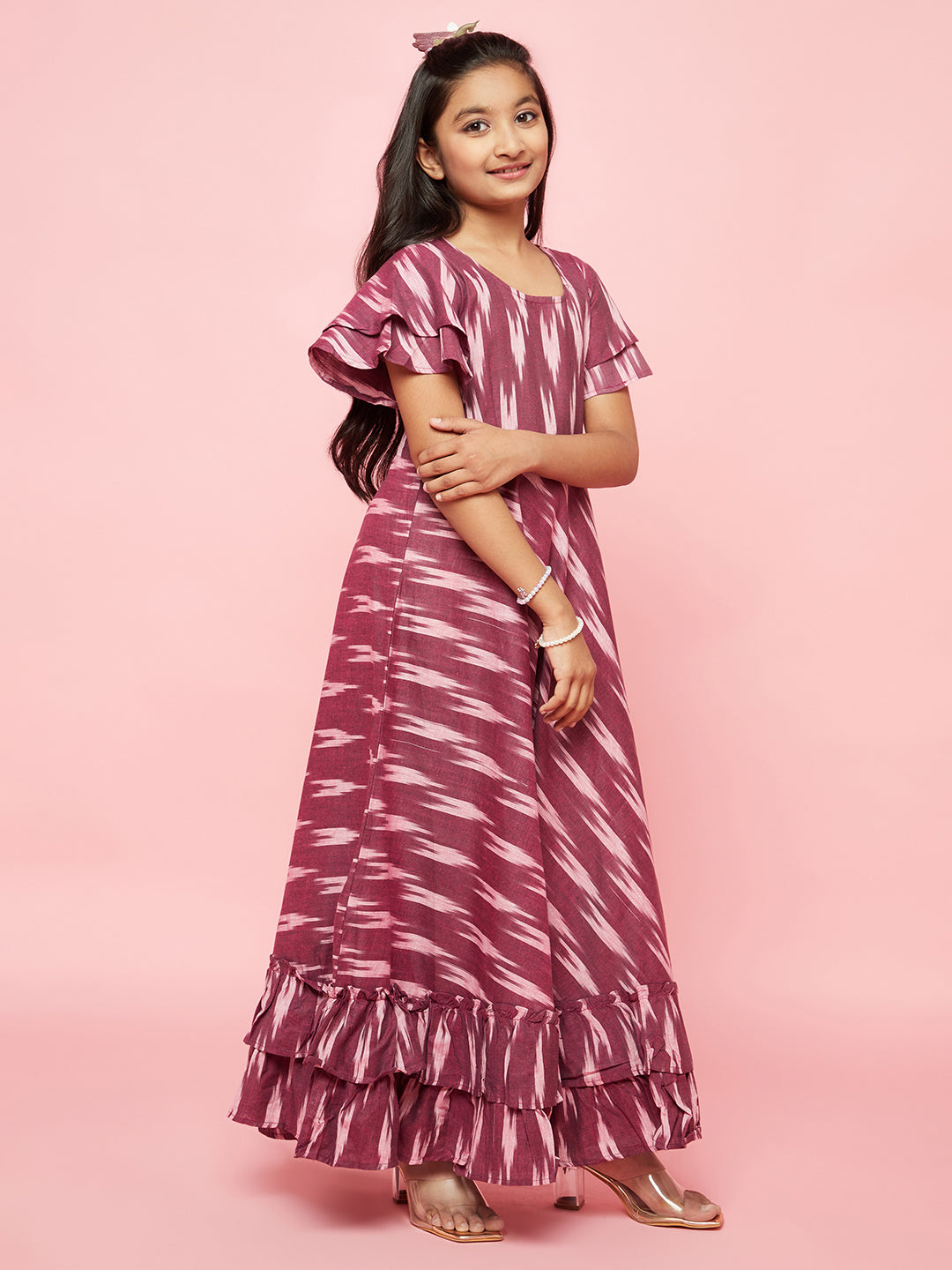 Girl's Burgundy Ikat Design Flared Dress - Aks Girls