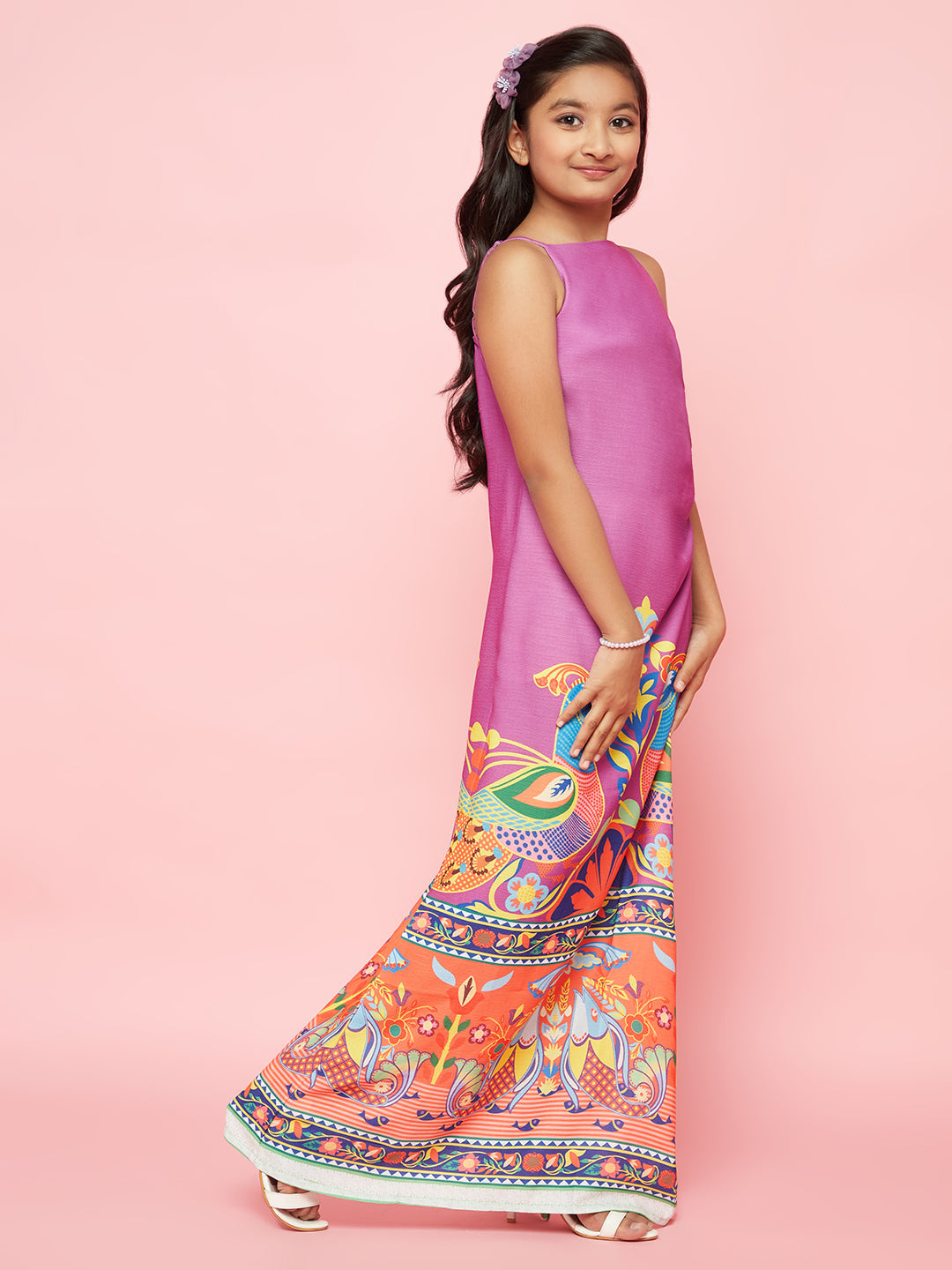 Girl's Purple Abstract Print Side Slit Maxi Dress - Aks Girls