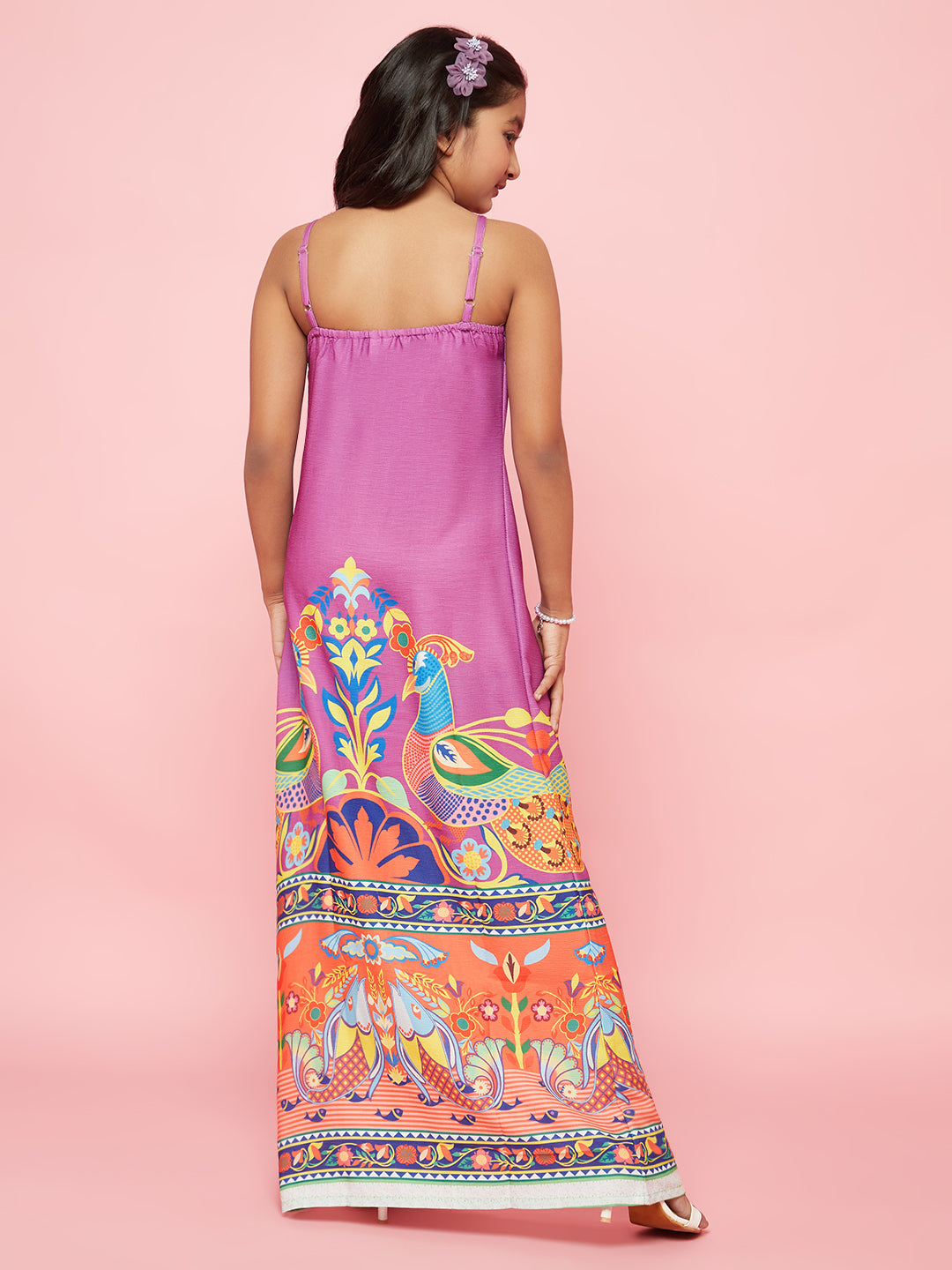 Girl's Purple Abstract Print Side Slit Maxi Dress - Aks Girls