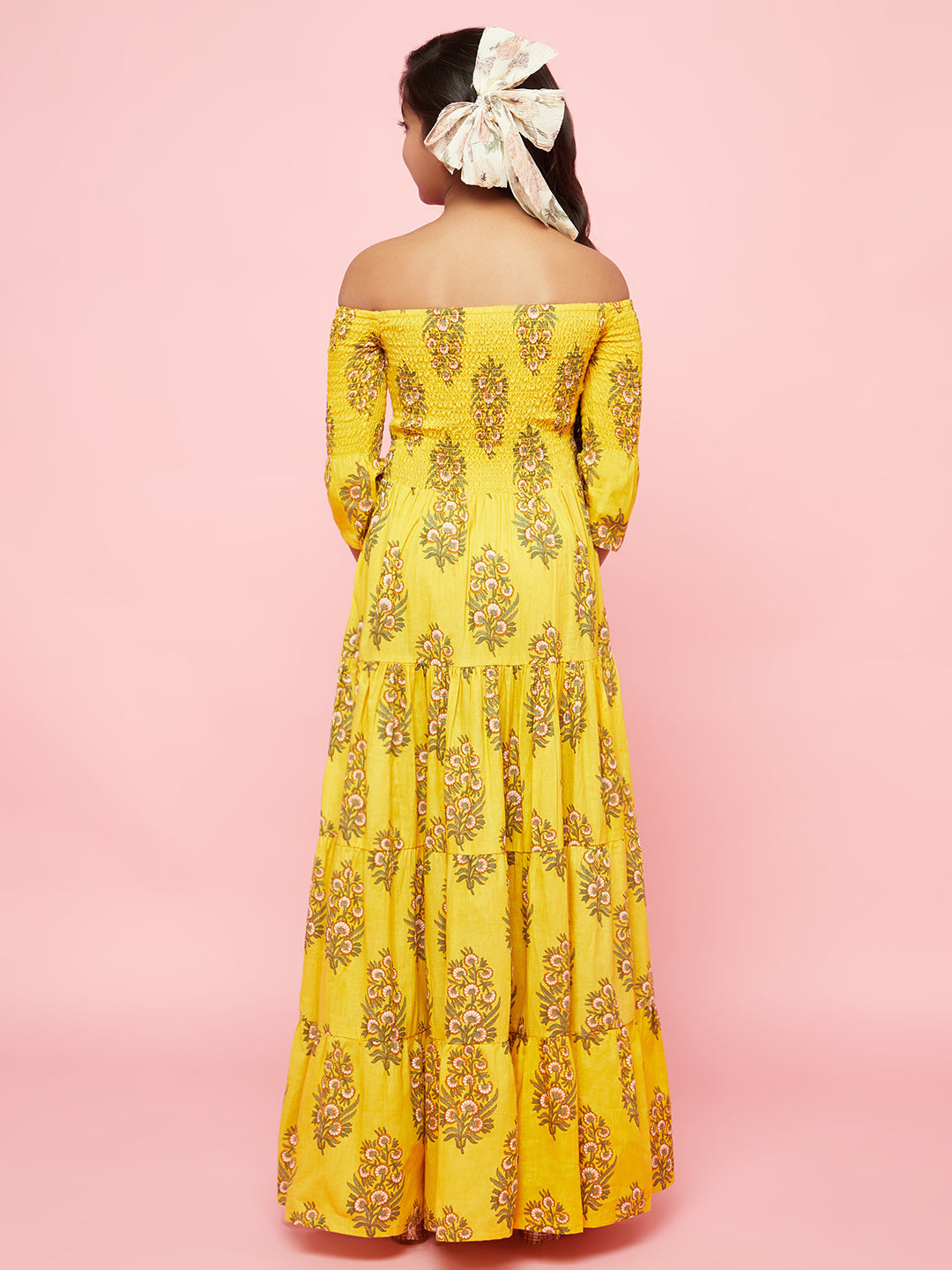 Girl's Yellow Floral Print Tiered Maxi Dress - Aks Girls