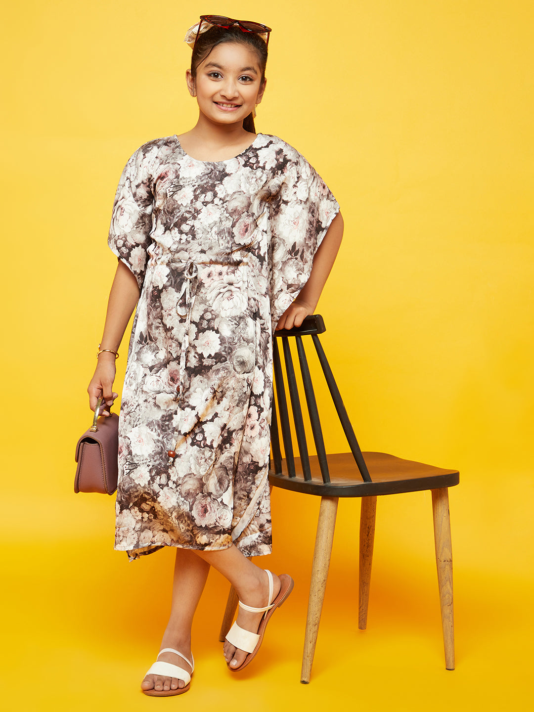 Girl's Brown Floral Print Kaftan Dress - Aks Girls