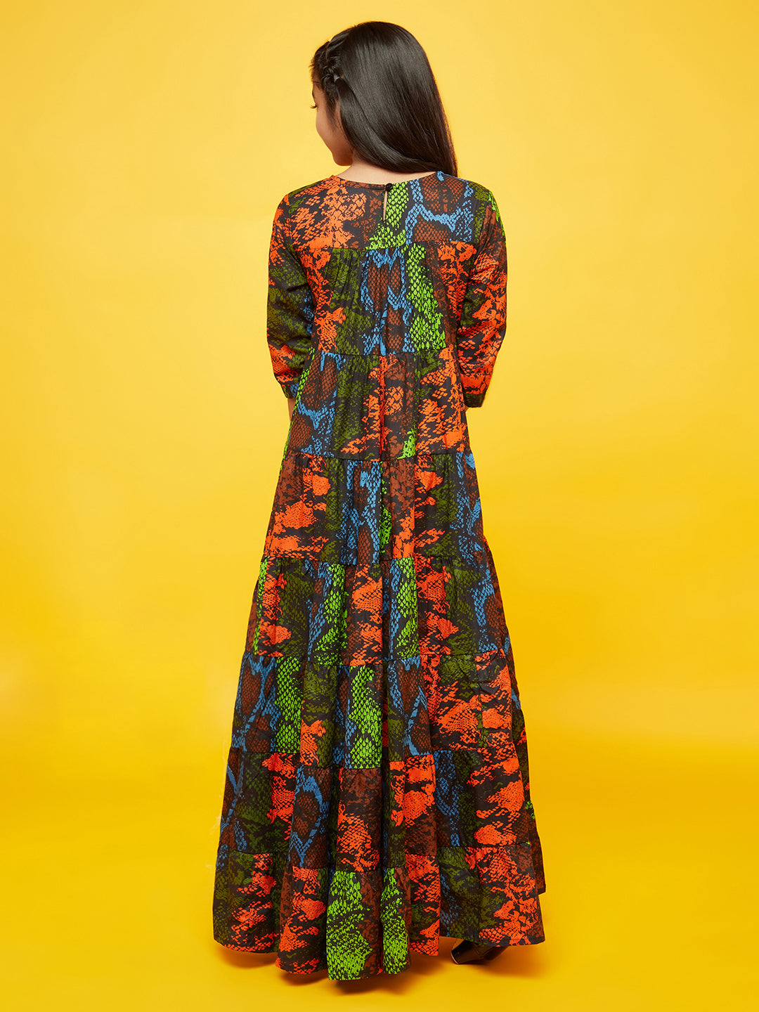 Girl's Multicolor Animal Print Tiered Maxi Dress - Aks Girls