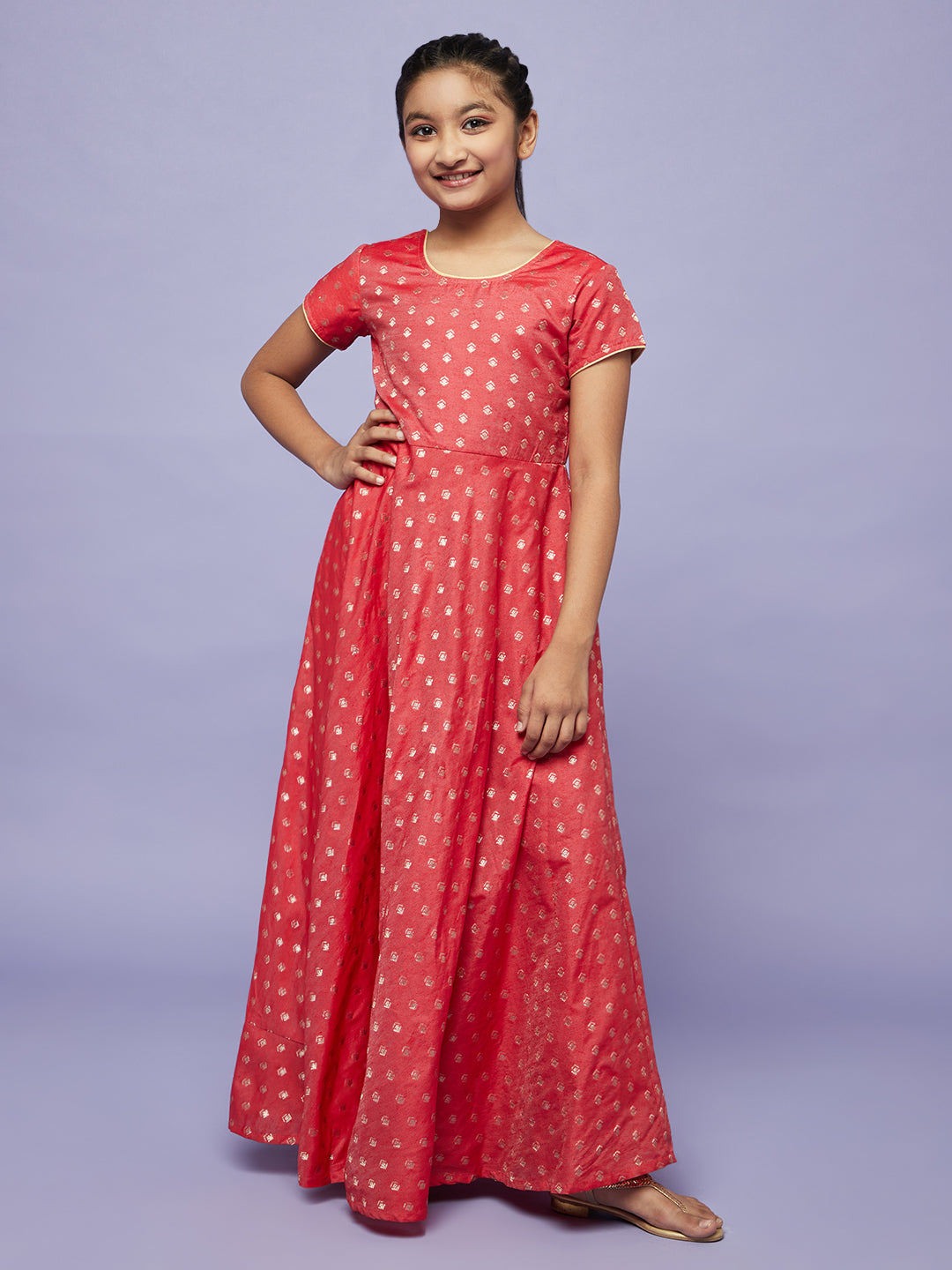 Girl's Red Gold Dobby Maxi Dress With Potali Bag - Aks Girls