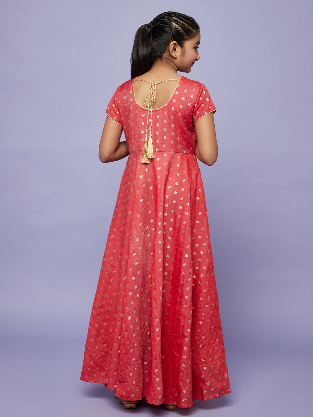 Girl's Red Gold Dobby Maxi Dress With Potali Bag - Aks Girls