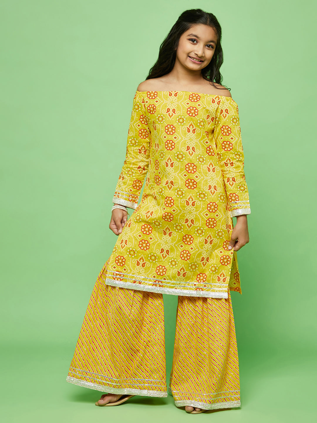 Girl's Yellow Bandhani Print Kurta With Sharara - Aks Girls