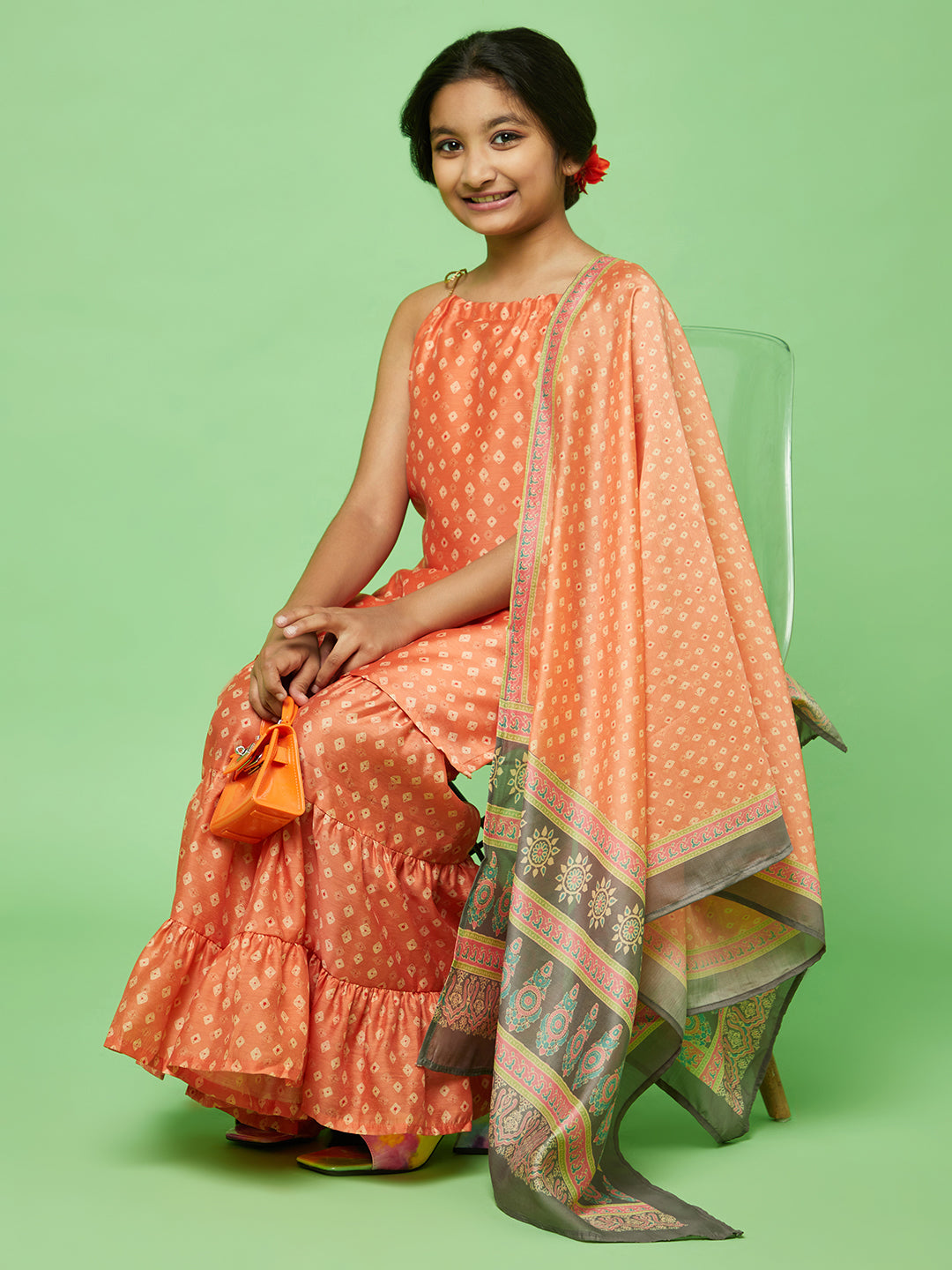 Girl's Orange Digital Print Kurta Sharara With Dupatta - Aks Girls