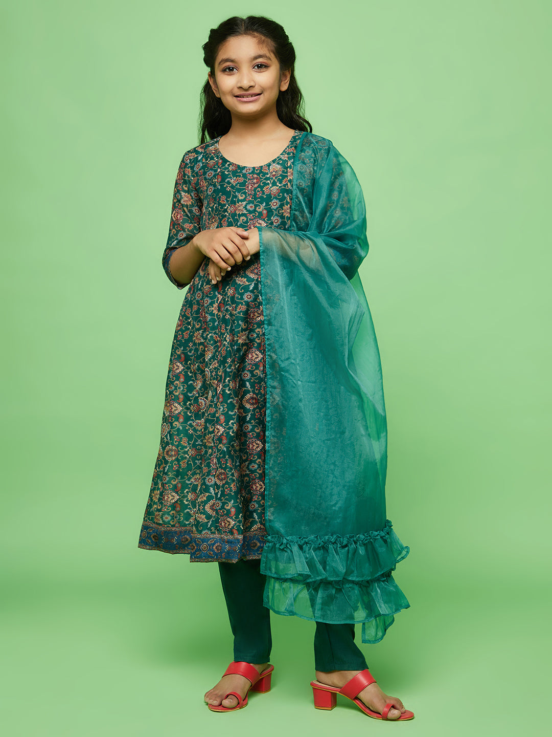 Girl's Green Floral Print Anarkali Pant With Dupatta - Aks Girls