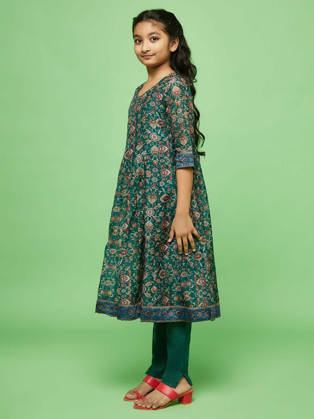 Girl's Green Floral Print Anarkali Pant With Dupatta - Aks Girls