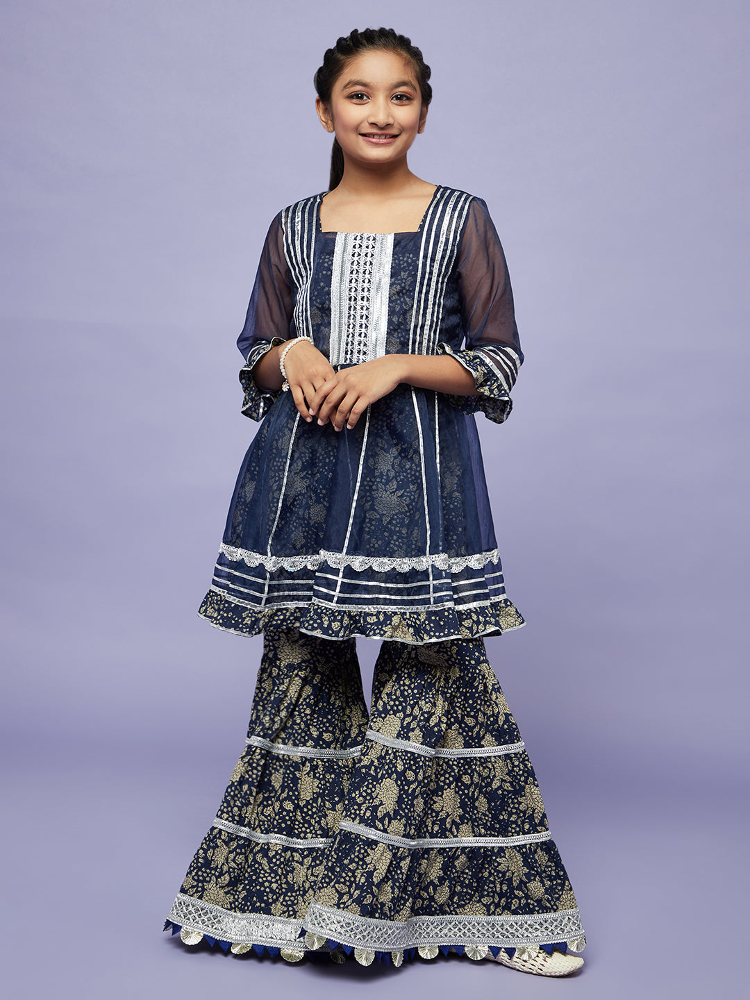 Girl's Navy Blue Floral Print Kurta Sharara With Jacket - Aks Girls