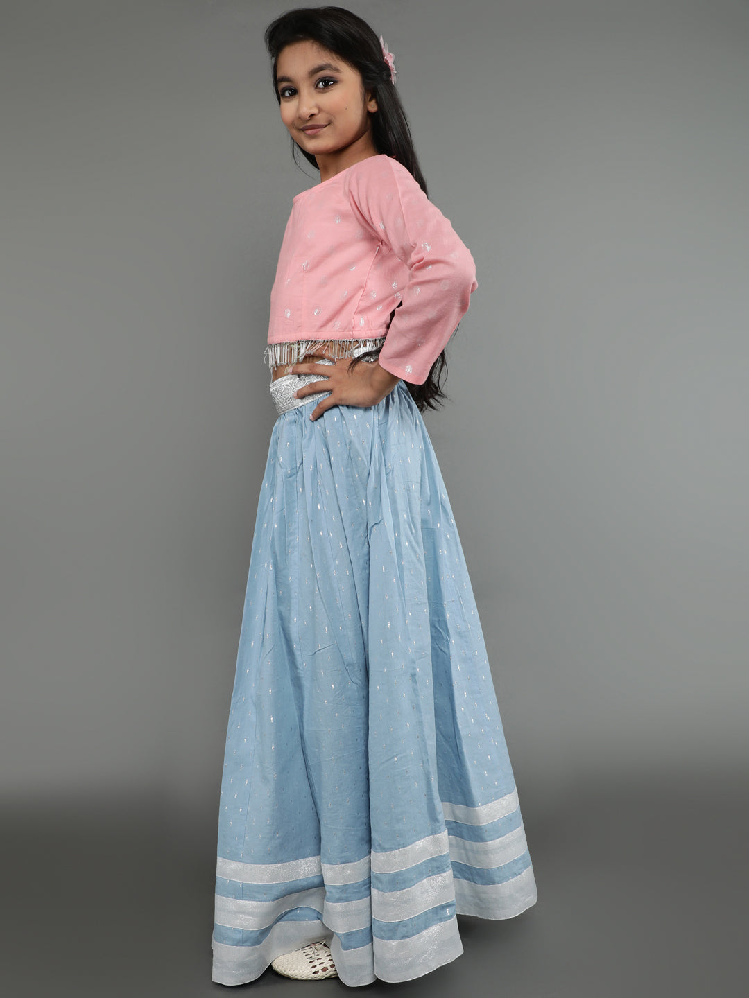 Girl's Blue & Pink Dobby Design Lehenga Choli With Dupatta - Aks Girls
