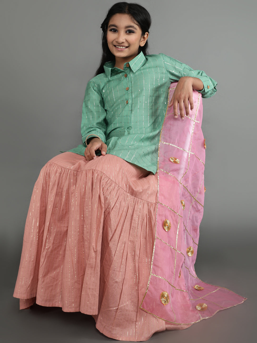 Girl's Green & Pink Sequin Kurta Lehenga With Dupatta - Aks Girls