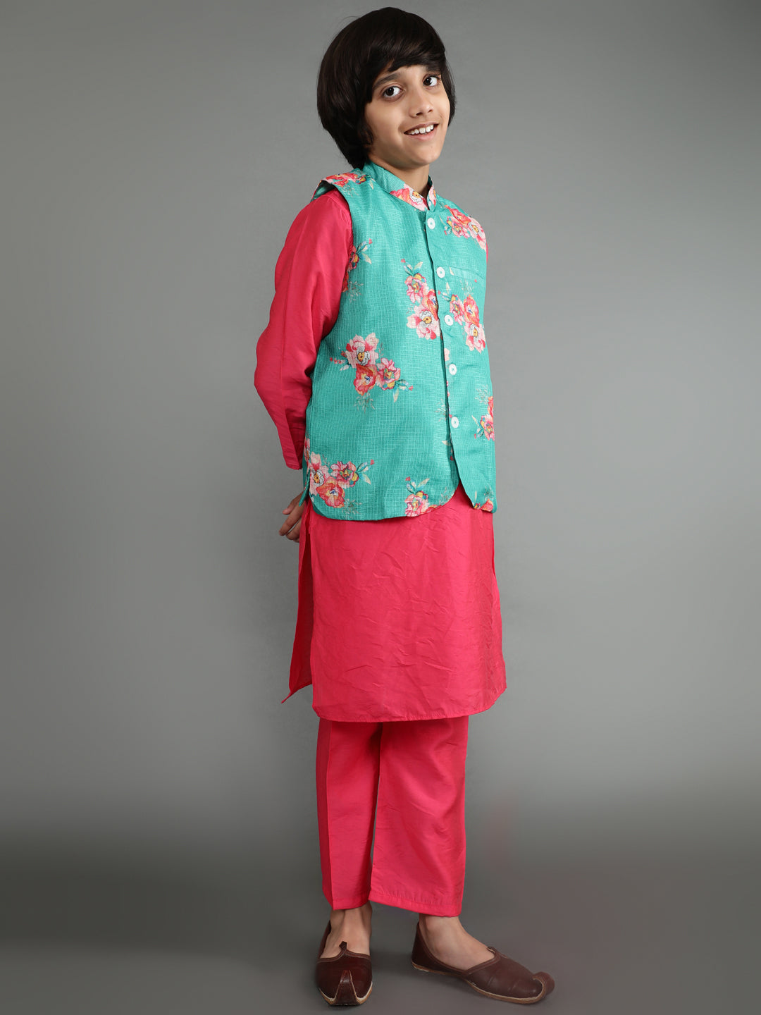 Boy's Pink Kurta Pyjama With Nehru Jacket - Aks Boys