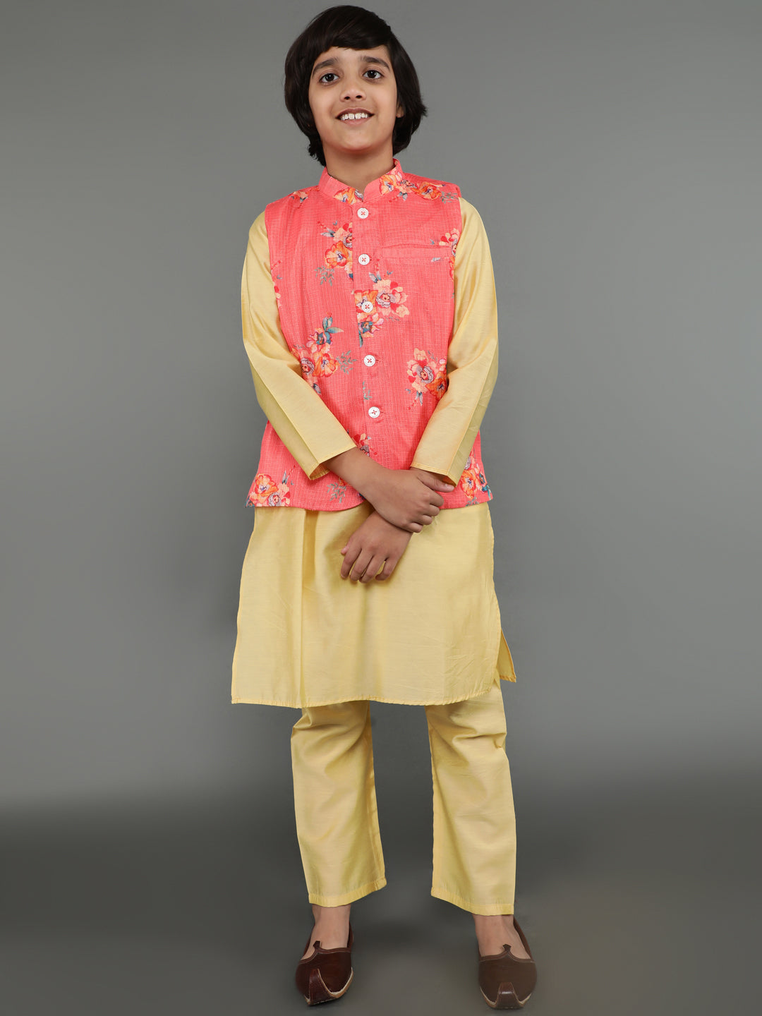 Boy's Cream Kurta Pyjama With Nehru Jacket - Aks Boys