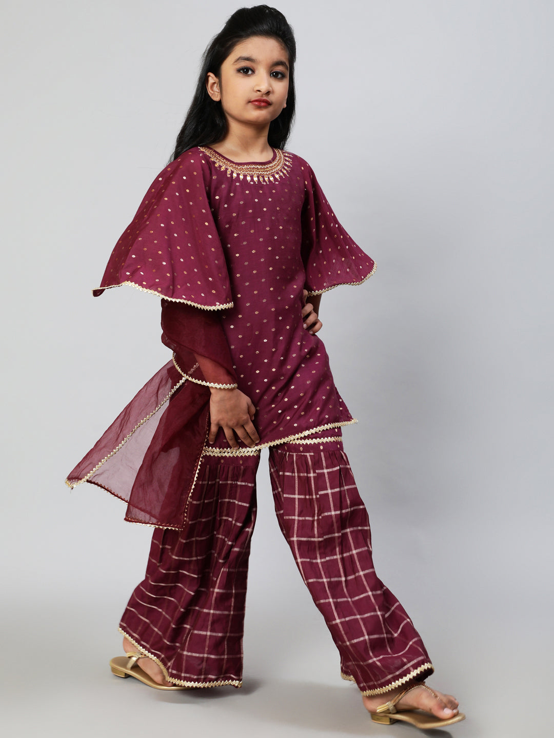 Girl's Burgundy Woven Designed Kurta Sharara With Dupatta - Aks Girls