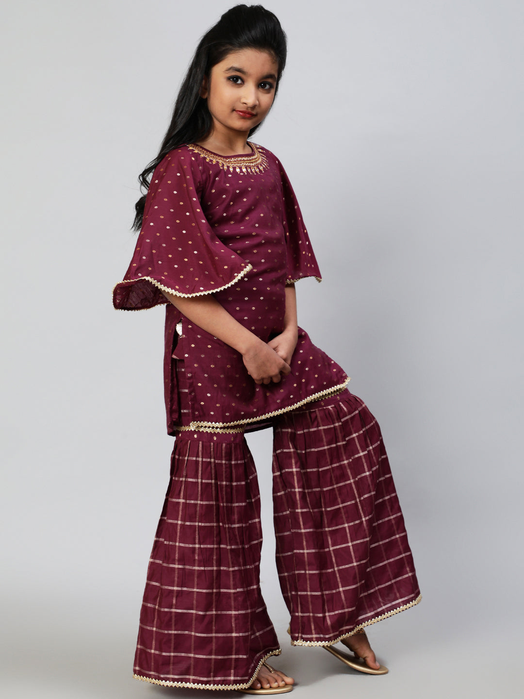 Girl's Burgundy Woven Designed Kurta Sharara With Dupatta - Aks Girls