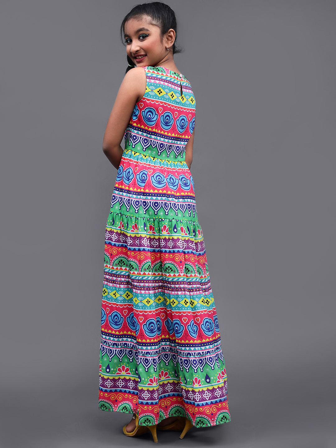 Girl's Multicolor Floral Print Tiered Maxi Dress - Aks Girls